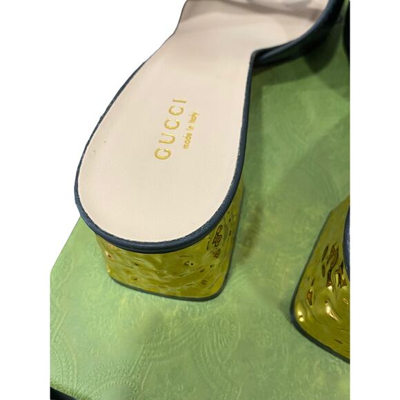 Gucci Interlocking G Cut Out Black Leather Gold Block Heel Sandal 38.5 - Picture 3 of 12